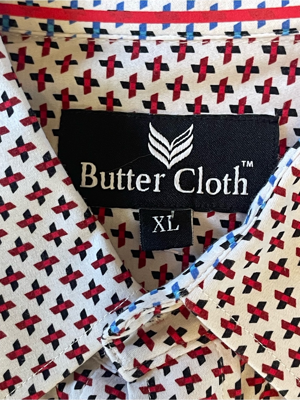 Butter Cloth Men’s Casual Button-Down Shirt in White with Red & Black Print